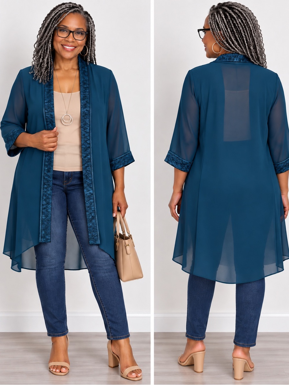 Le Bos 16W Rich Teal Sheer Chiffon Long Duster Cardigan NWT